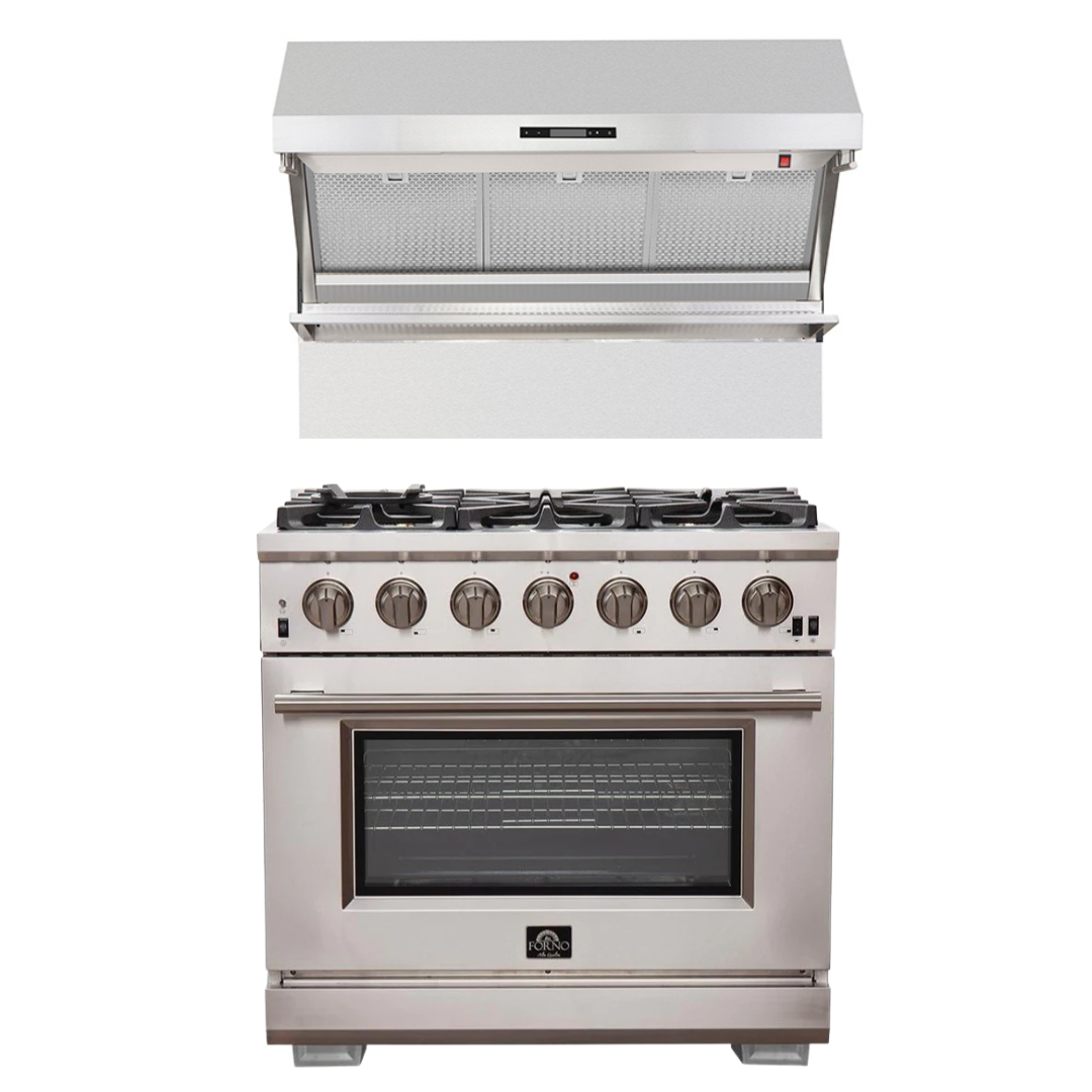FORNO Appliance Package- 36 Inch Pro Gas Range, Wall Mount Range Hood, AP-FFSGS6260-36