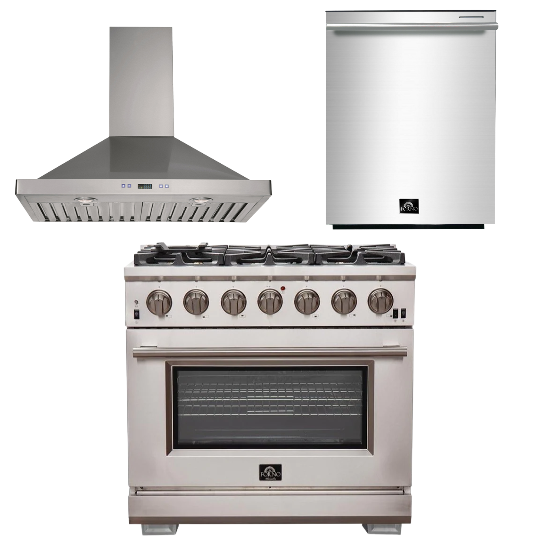 FORNO Appliance Package - 36 Inch Pro Gas Range, Wall Mount Range Hood, Dishwasher, AP-FFSGS6260-36-W-2