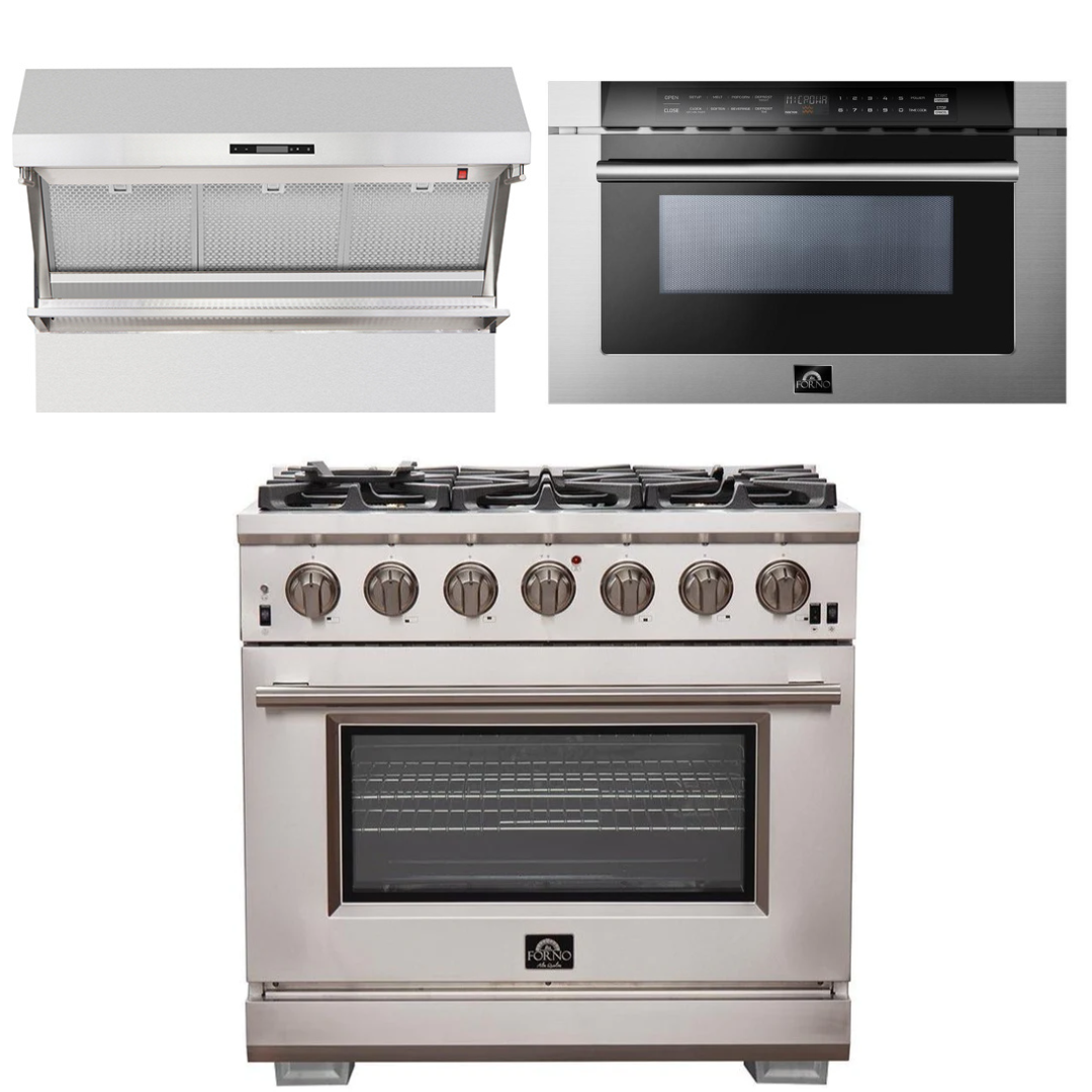 FORNO Appliance Package - 36 Inch Pro Gas Range, Wall Mount Range Hood, Microwave Drawer, AP-FFSGS6260-36-3