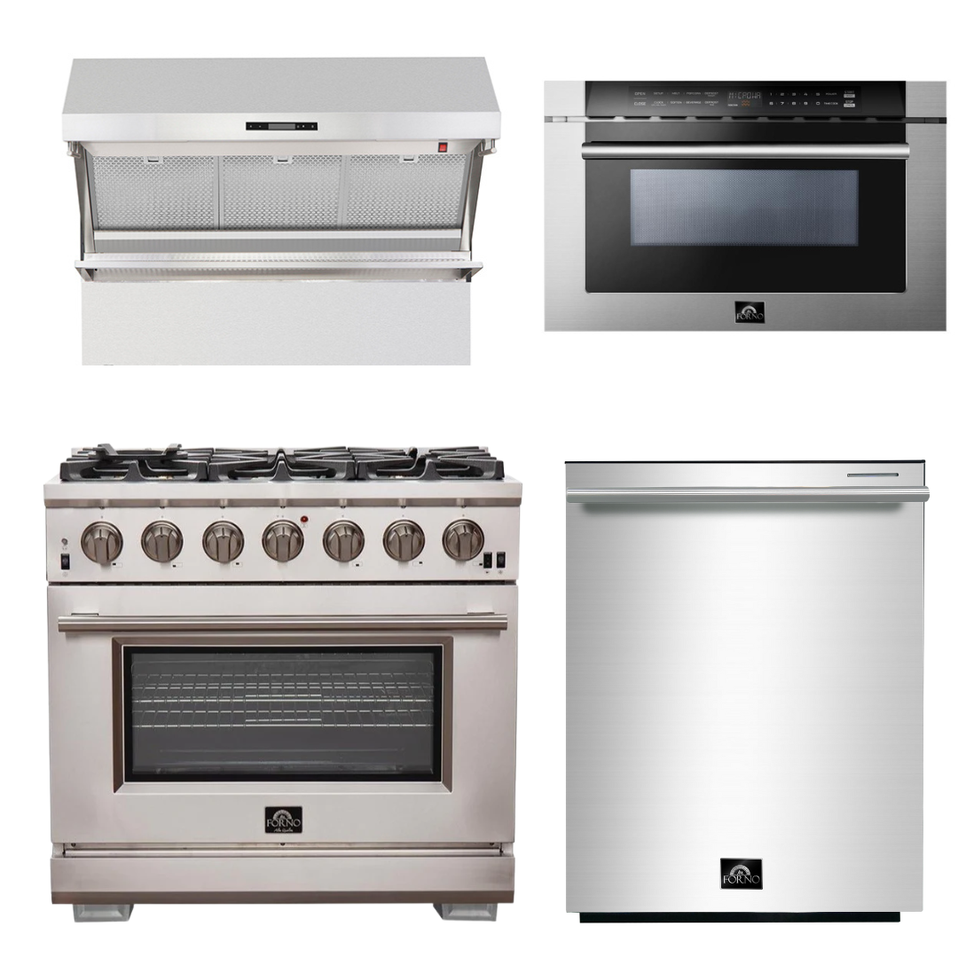 FORNO Appliance Package - 36 Inch Pro Gas Range, Wall Mount Range Hood, Microwave Drawer, Dishwasher, AP-FFSGS6260-36-6