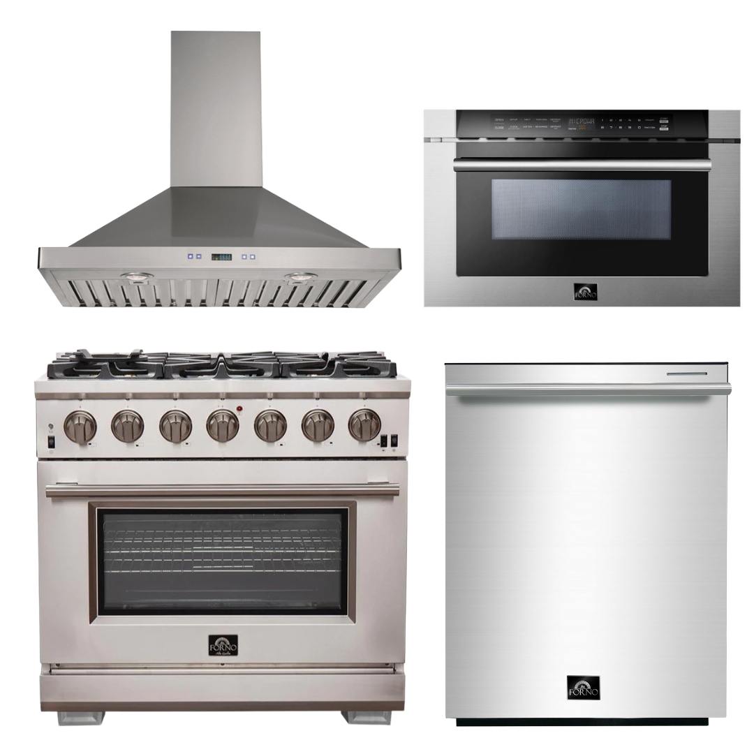 FORNO Appliance Package - 36 Inch Pro Gas Range, Wall Mount Range Hood, Microwave Drawer, Dishwasher, AP-FFSGS6260-36-W-6
