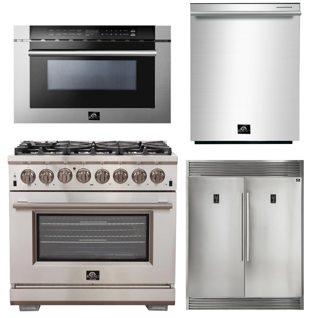 FORNO Appliance Package - 36 Inch Gas Burner/Electric Oven Pro Range, Refrigerator, Microwave Drawer, Dishwasher, AP-FFSGS6187-36-7