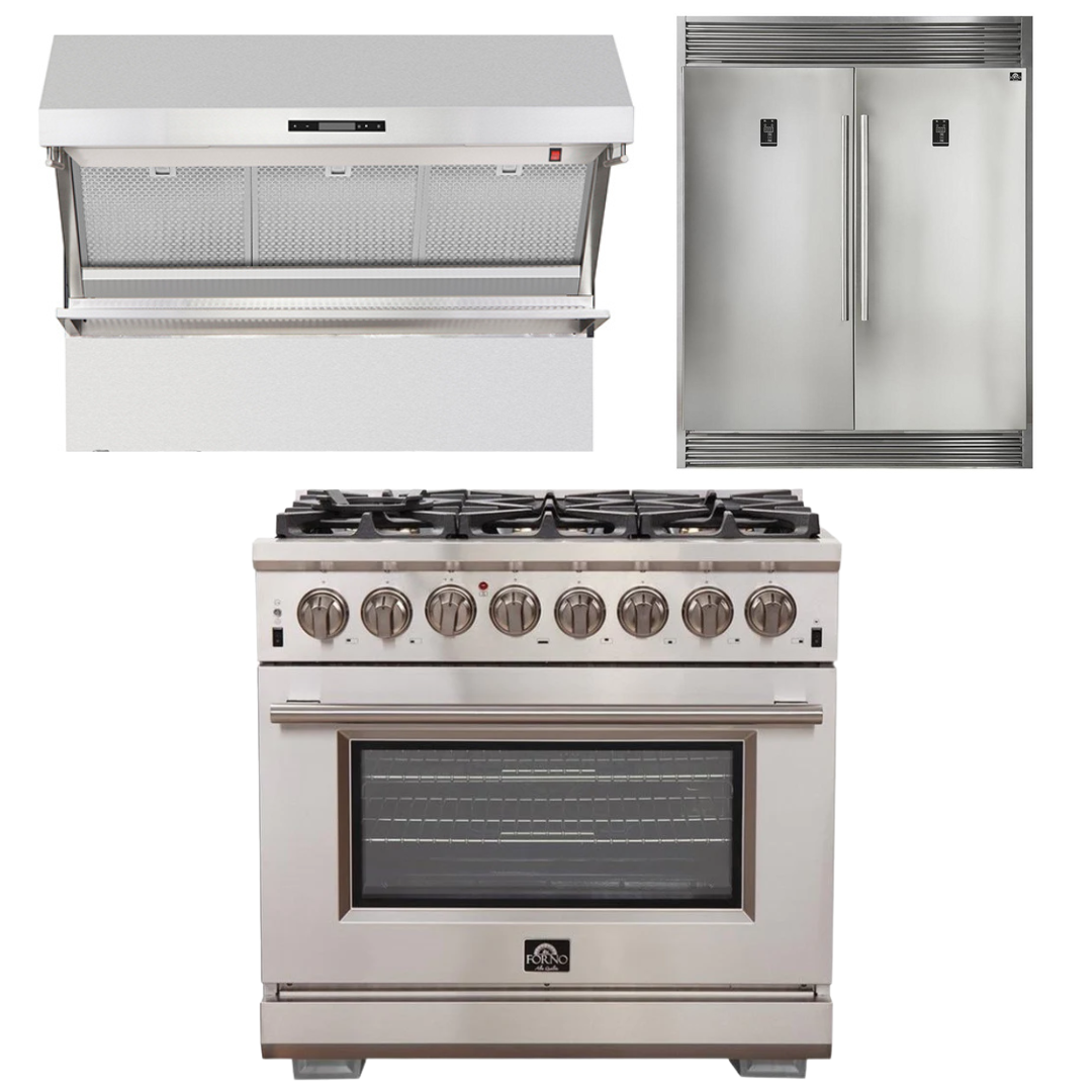 FORNO Appliance Package - 36 Inch Gas Burner/Electric Oven Pro Range, Wall Mount Range Hood, Refrigerator, AP-FFSGS6187-36-4