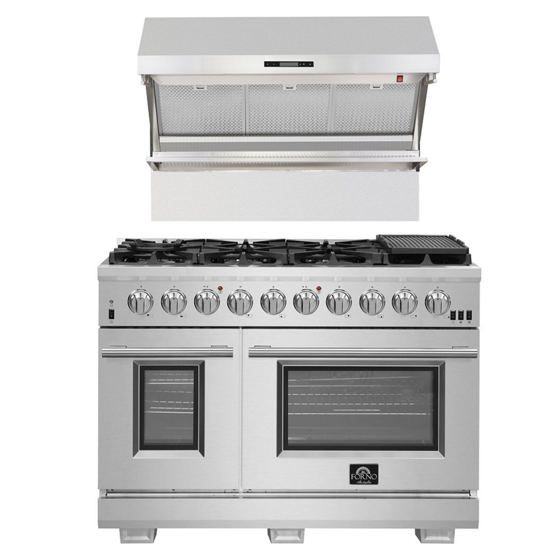 FORNO Appliance Package- 48 Inch Pro Gas Range, Wall Mount Range Hood, AP-FFSGS6260-48