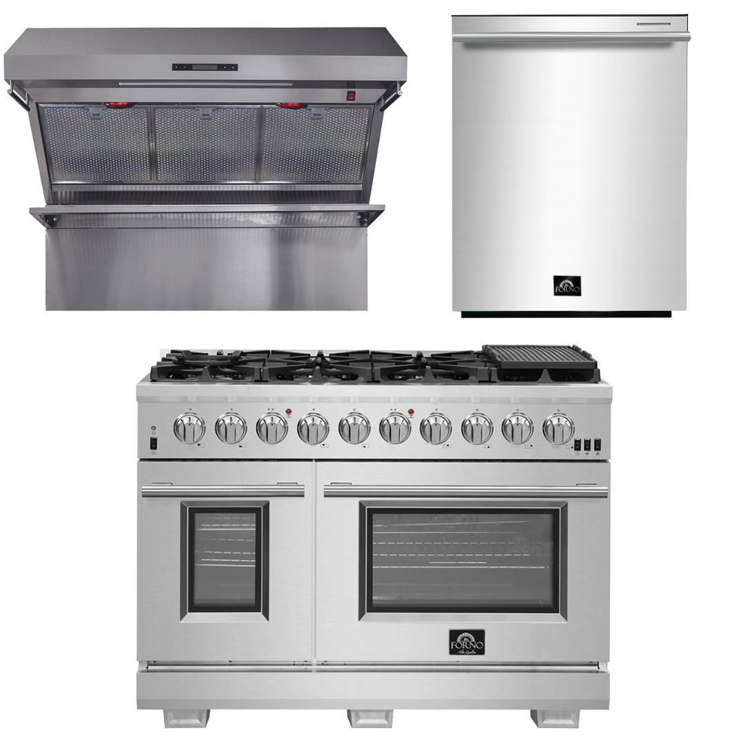 FORNO Appliance Package - 48 Inch Pro Gas Range, Wall Mount Range Hood, Dishwasher, AP-FFSGS6260-48-2