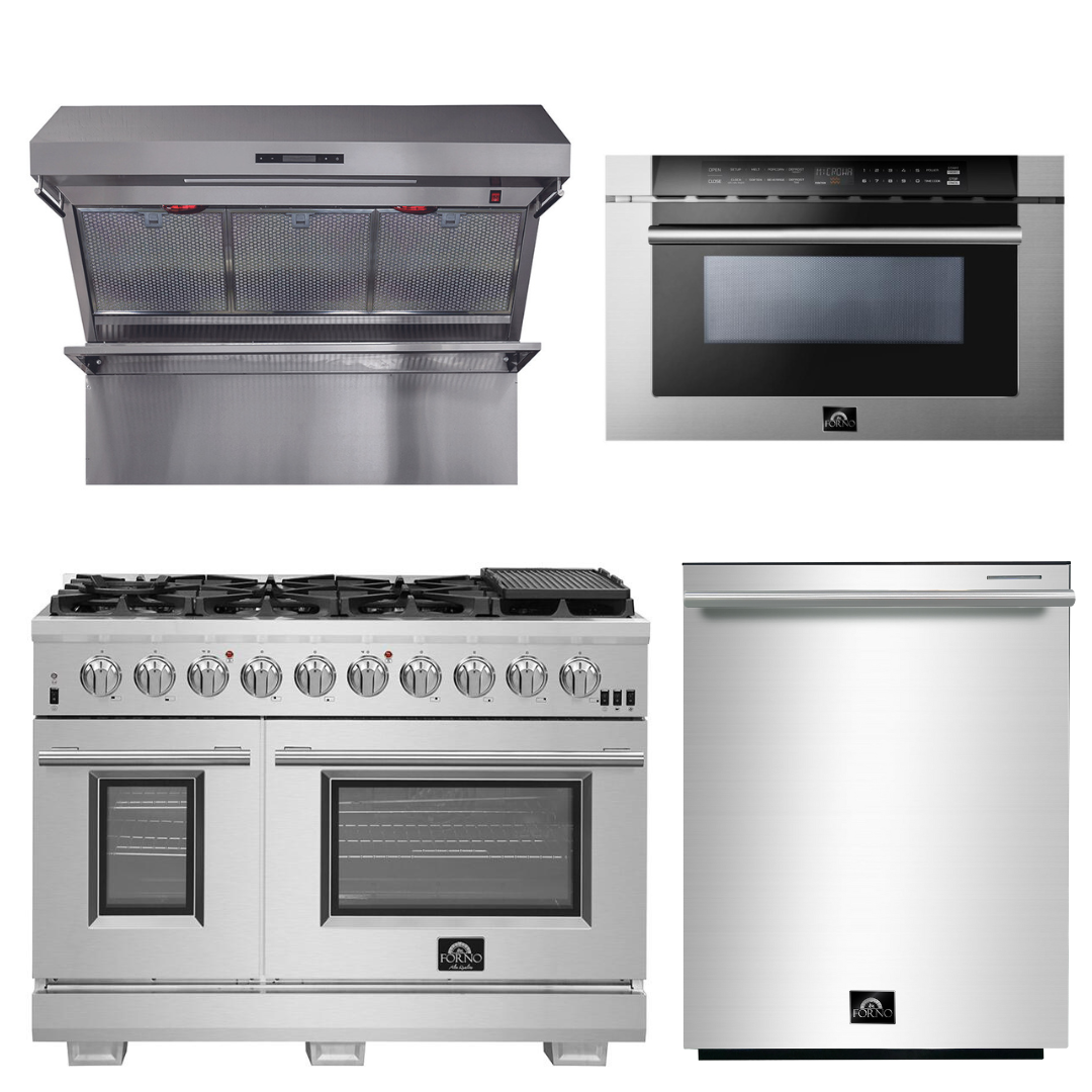 FORNO Appliance Package - 48 Inch Pro Gas Range, Wall Mount Range Hood, Microwave Drawer, Dishwasher, AP-FFSGS6260-48-6