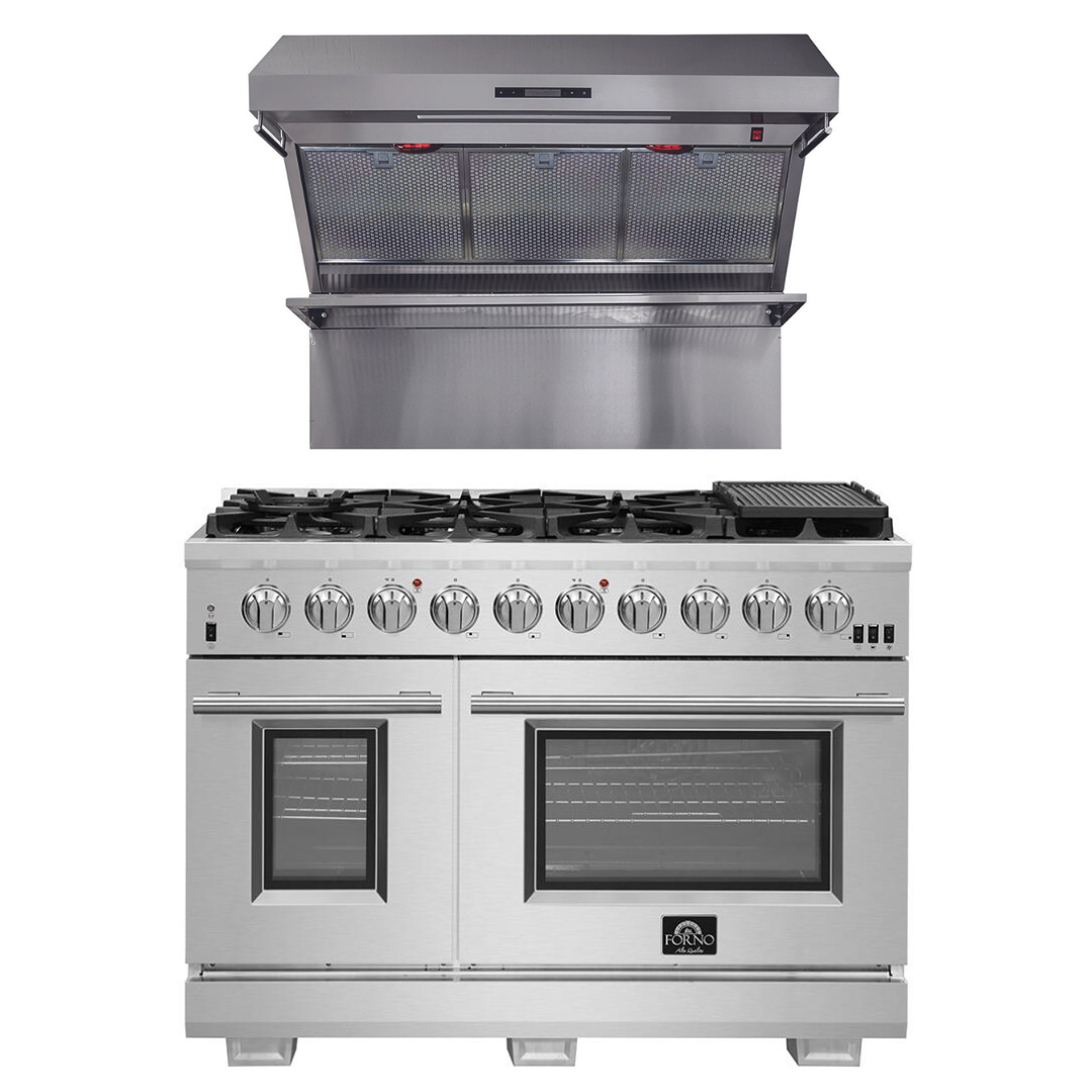 FORNO Appliance Package- 48 Inch Gas Burner/Electric Oven Pro Range, Wall Mount Range Hood, AP-FFSGS6187-48