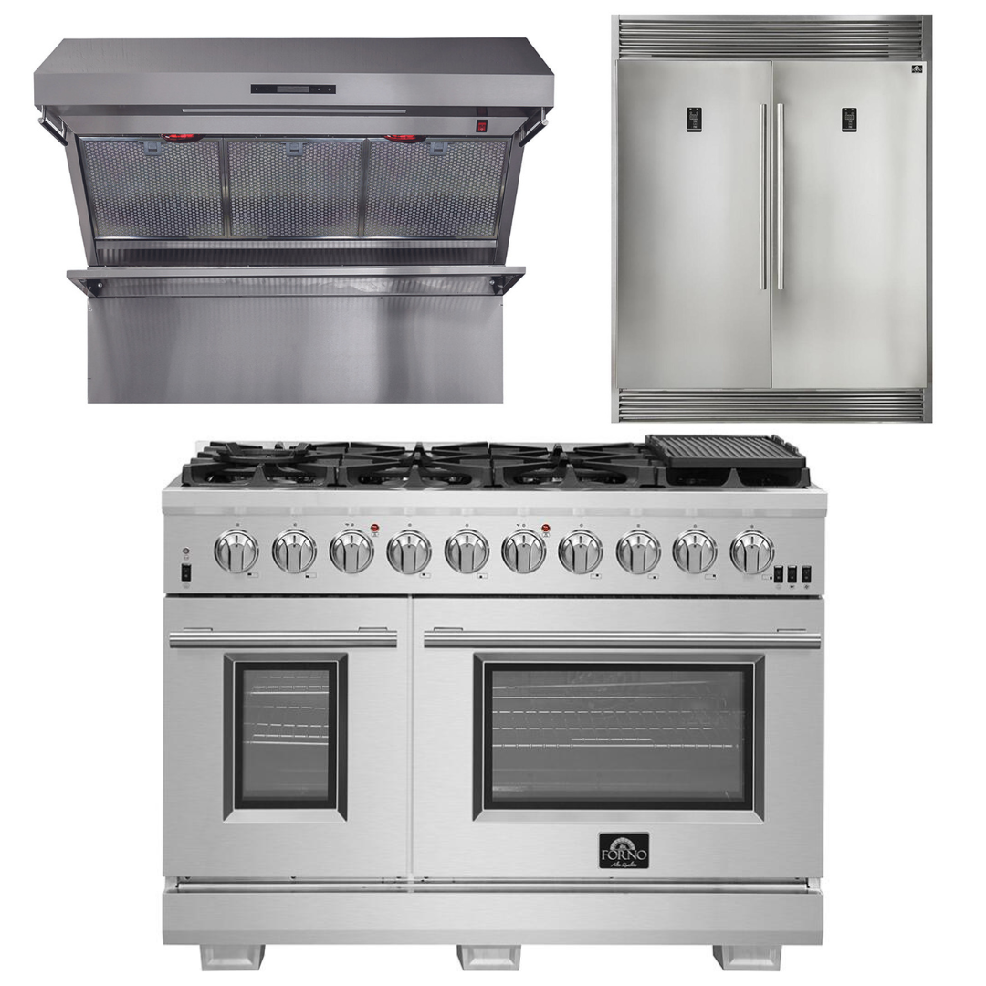 FORNO Appliance Package - 48 Inch Gas Burner/Electric Oven Pro Range, Wall Mount Range Hood, Refrigerator, AP-FFSGS6187-48-4