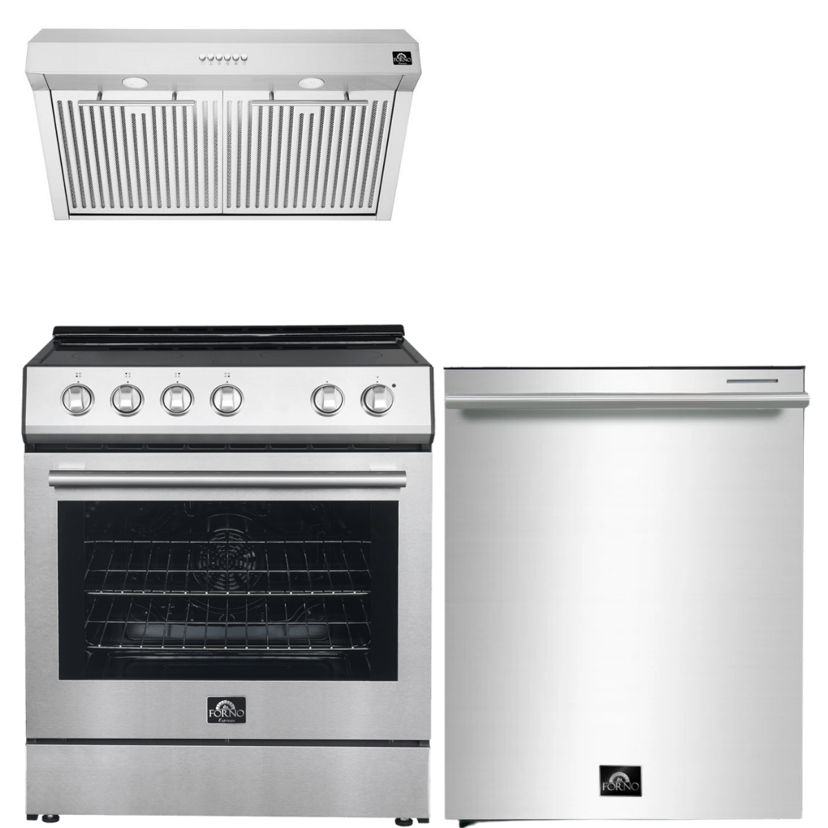 FORNO Espresso Package - 30" Electric Range, Range Hood and Dishwasher in Stainless Steel with Silver Handles