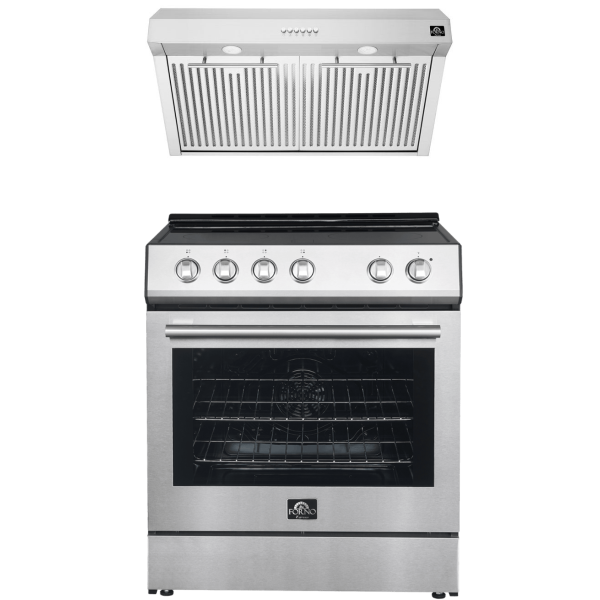 FORNO Espresso Package - 30" Electric Range and Range Hood in Stainless Steel with Silver Handles, FBDL-002-01US