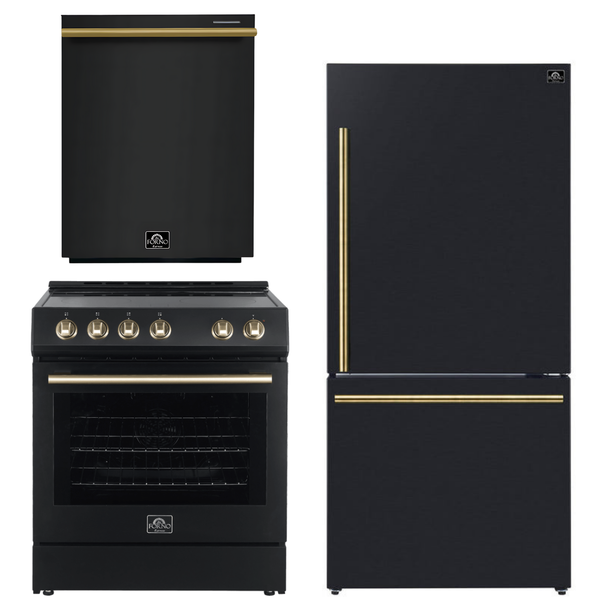 FORNO Espresso Package - 30" Electric Range, Refrigerator and Dishwasher in Black with Antique Brass Handles