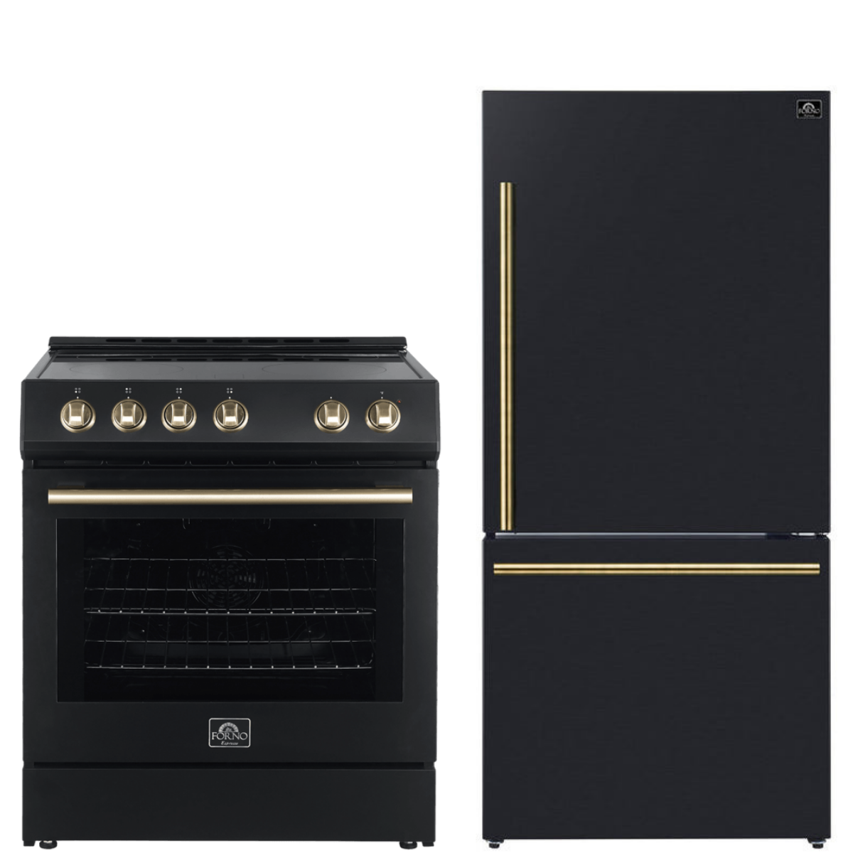 FORNO Espresso Package - 30" Electric Range and Refrigerator in Black with Antique Brass Handles, FBDL-003-02US