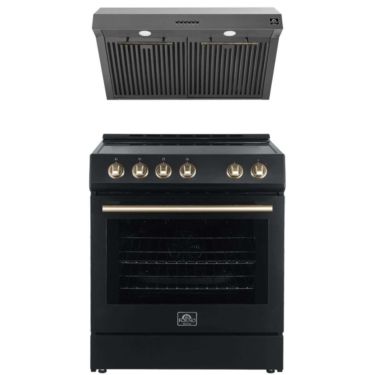 FORNO Espresso Package - 30" Electric Range and Range Hood in Black with Antique Brass Handles, FBDL-002-02US