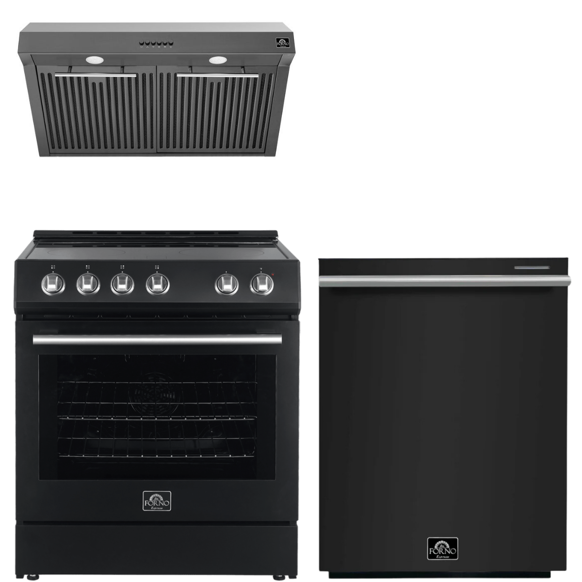 FORNO Espresso Package - 30" Electric Range, Range Hood and Dishwasher in Black with Silver Handles
