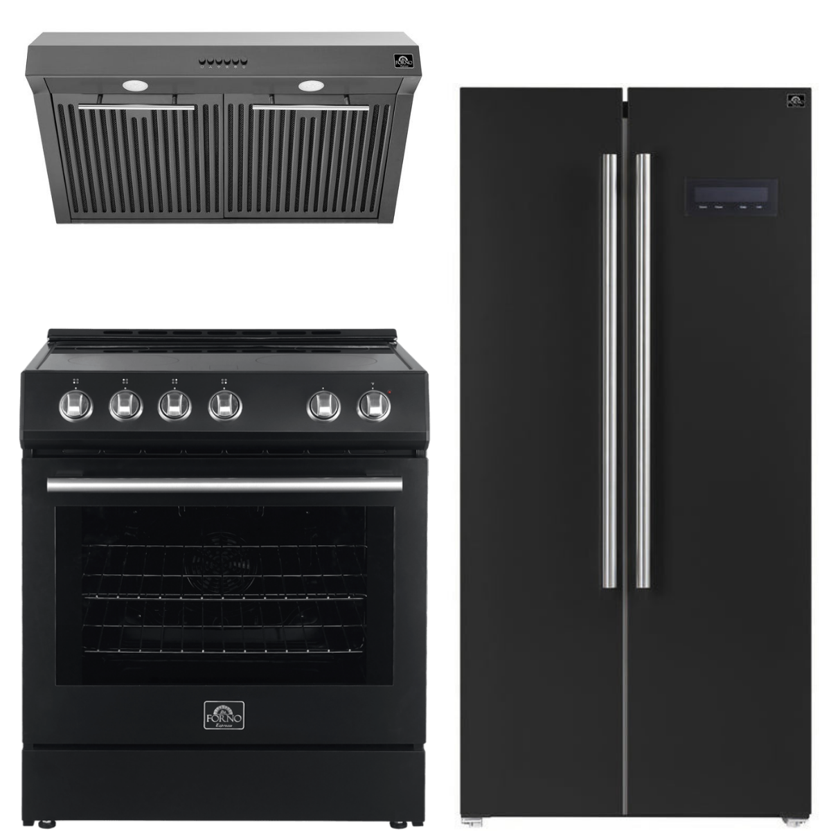 FORNO Espresso Package - 30" Electric Range, Range Hood and Refrigerator in Black with Silver Handles