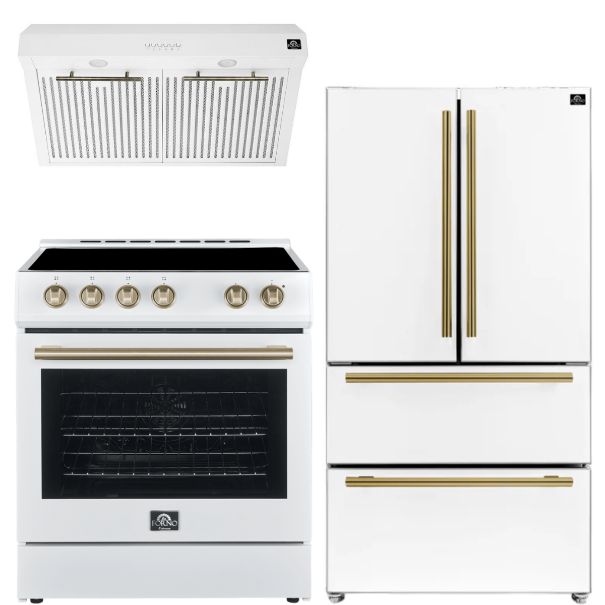 FORNO Espresso Package - 30" Electric Range, Range Hood and Refrigerator in White with Antique Brass Handles