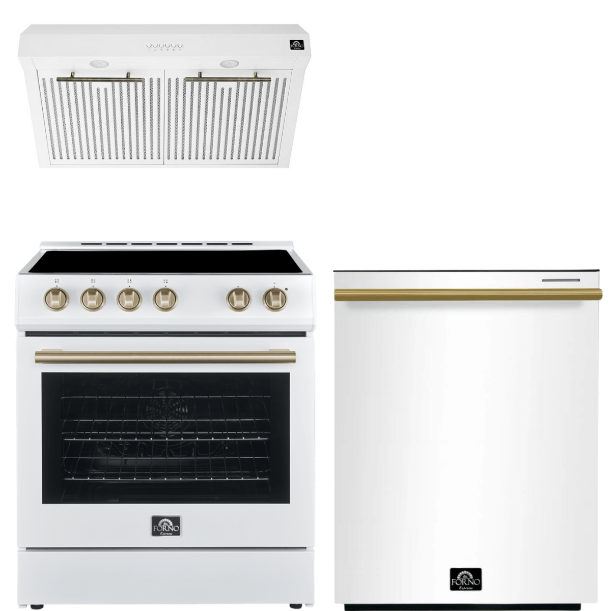 FORNO Espresso Package - 30" Electric Range, Range Hood and Dishwasher in White with Antique Brass Handles