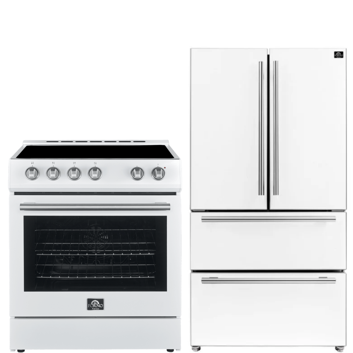 FORNO Espresso Package - 30" Electric Range and Refrigerator in White with Silver Handles