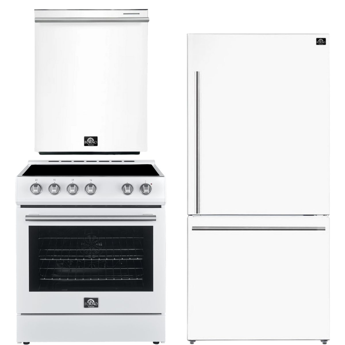 FORNO Espresso Package - 30" Electric Range, Refrigerator and Dishwasher in White with Silver Handles