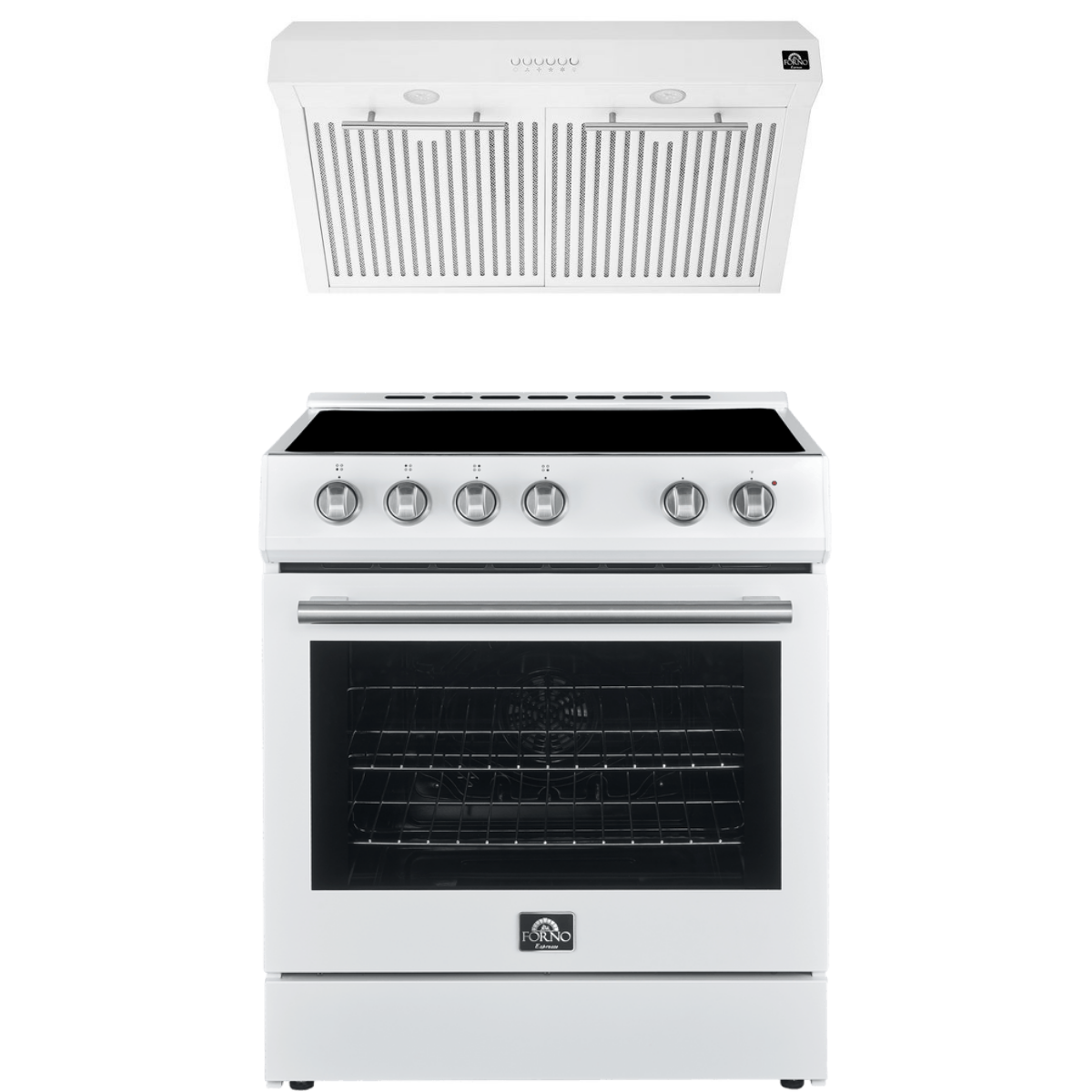 FORNO Espresso Package - 30" Electric Range and Range Hood in White with Silver Handles, FBDL-002-03US