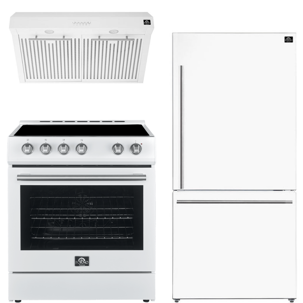 FORNO Espresso Package - 30" Electric Range, Range Hood and Refrigerator in White with Silver Handles, FBDL-001-03US