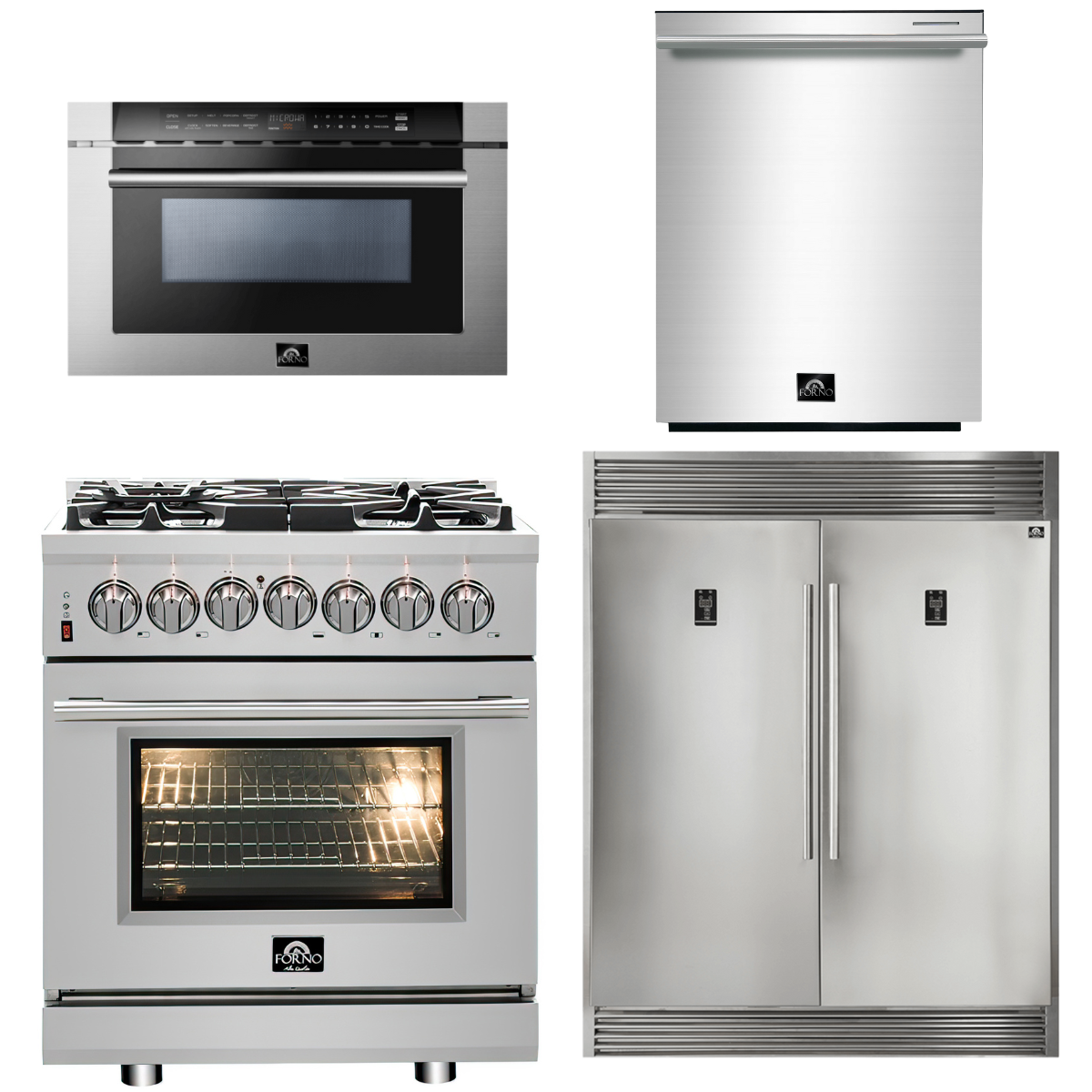 FORNO Appliance Package - 30" Dual Fuel Range, 60" Refrigerator, Dishwasher, Microwave Drawer, AP-FFSGS6125-30-W-7