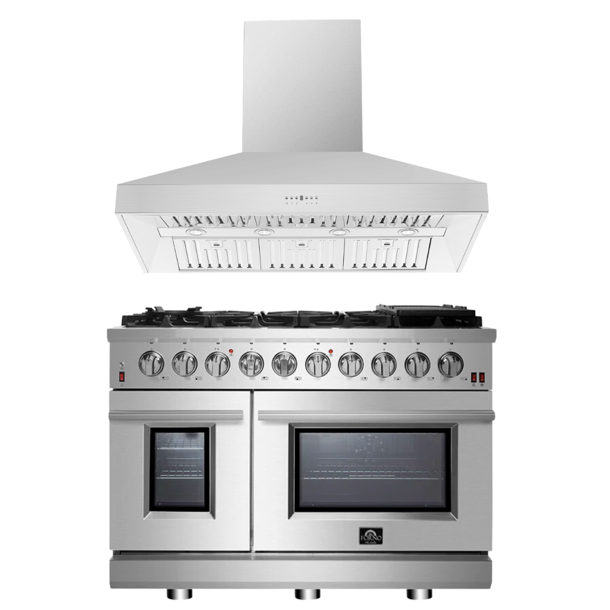 FORNO Appliance Package - 48" Gas Range, Wall Mount Range Hood, AP-FFSGS6239-48