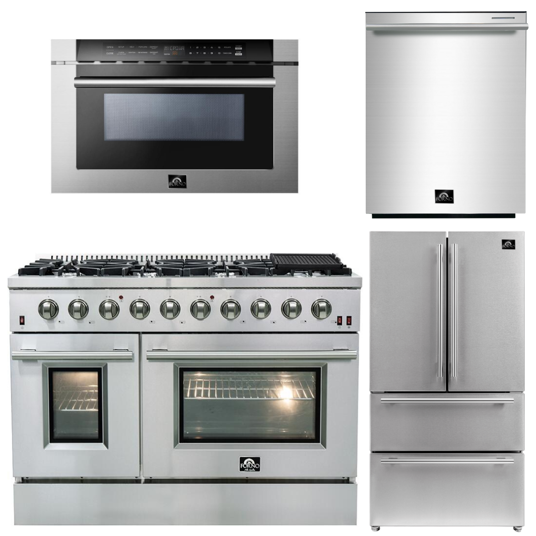 FORNO Appliance Package - 48" Gas Range, 36" Refrigerator, Microwave Drawer, Dishwasher, AP-FFSGS6244-48-25