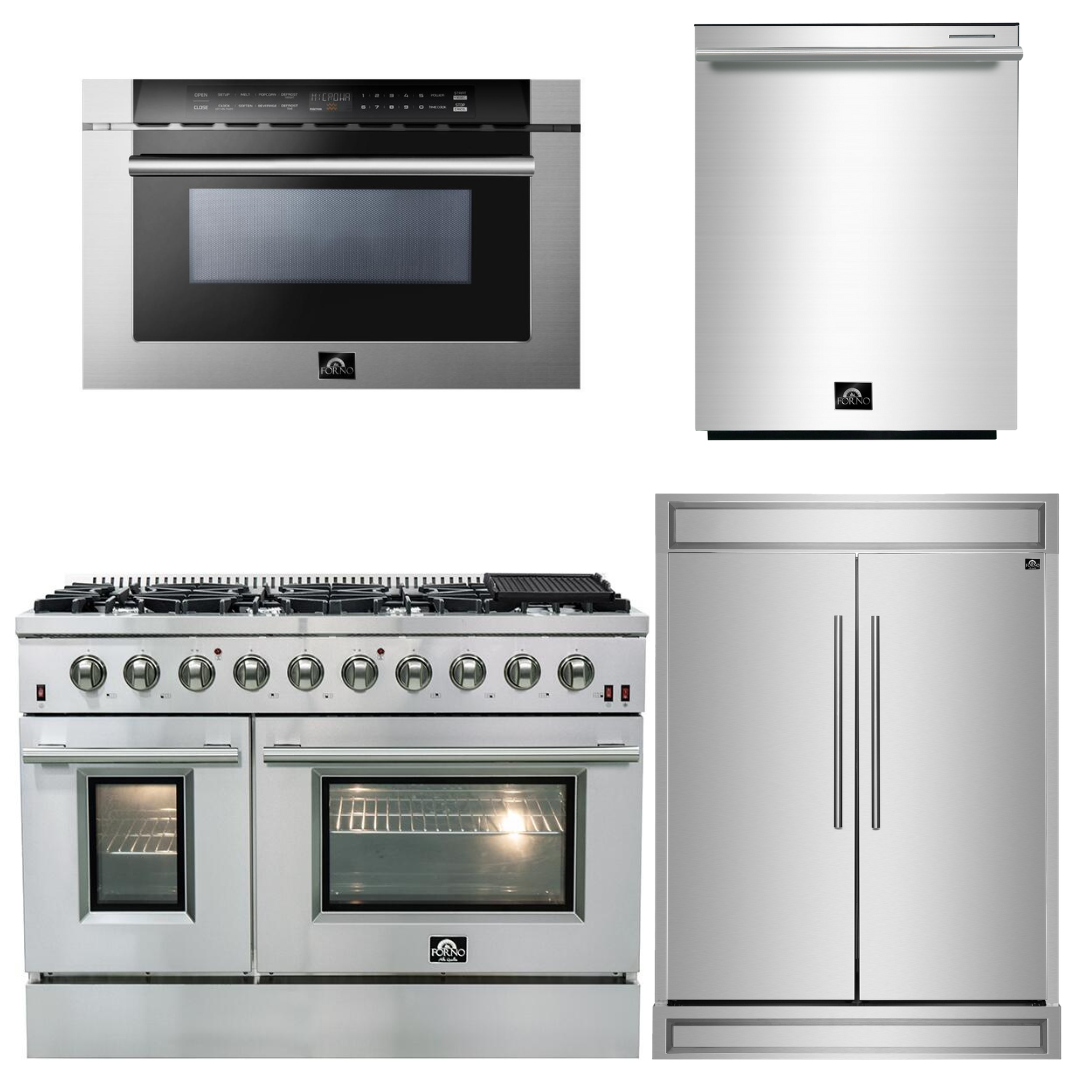 FORNO Appliance Package - 48" Gas Range, 60" Refrigerator, Microwave Drawer, Dishwasher, AP-FFSGS6244-48-26