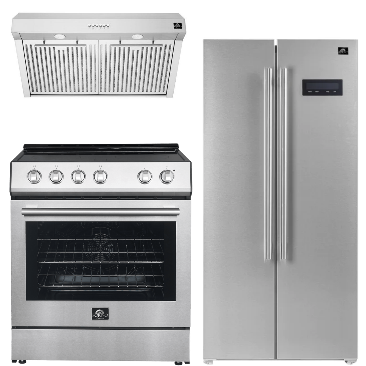 FORNO Espresso Package - 30" Electric Range, Range Hood and Refrigerator in Stainless Steel with Silver Handles