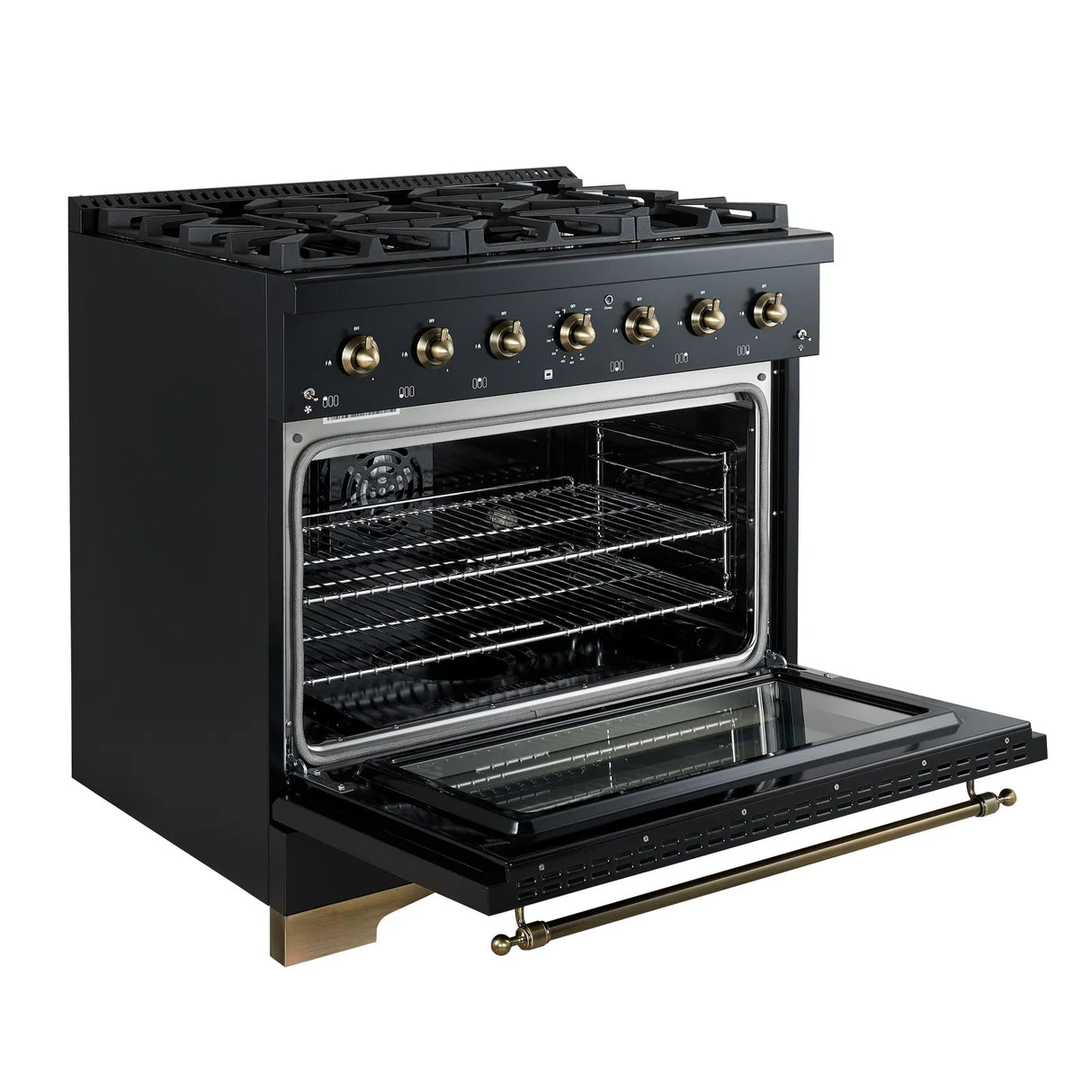FORNO Antico 36" 4.5 cu. ft. Dual Fuel Range with 6 Sealed Burners in Black with Antique Brass Accents, FFSGS6113-36BLK