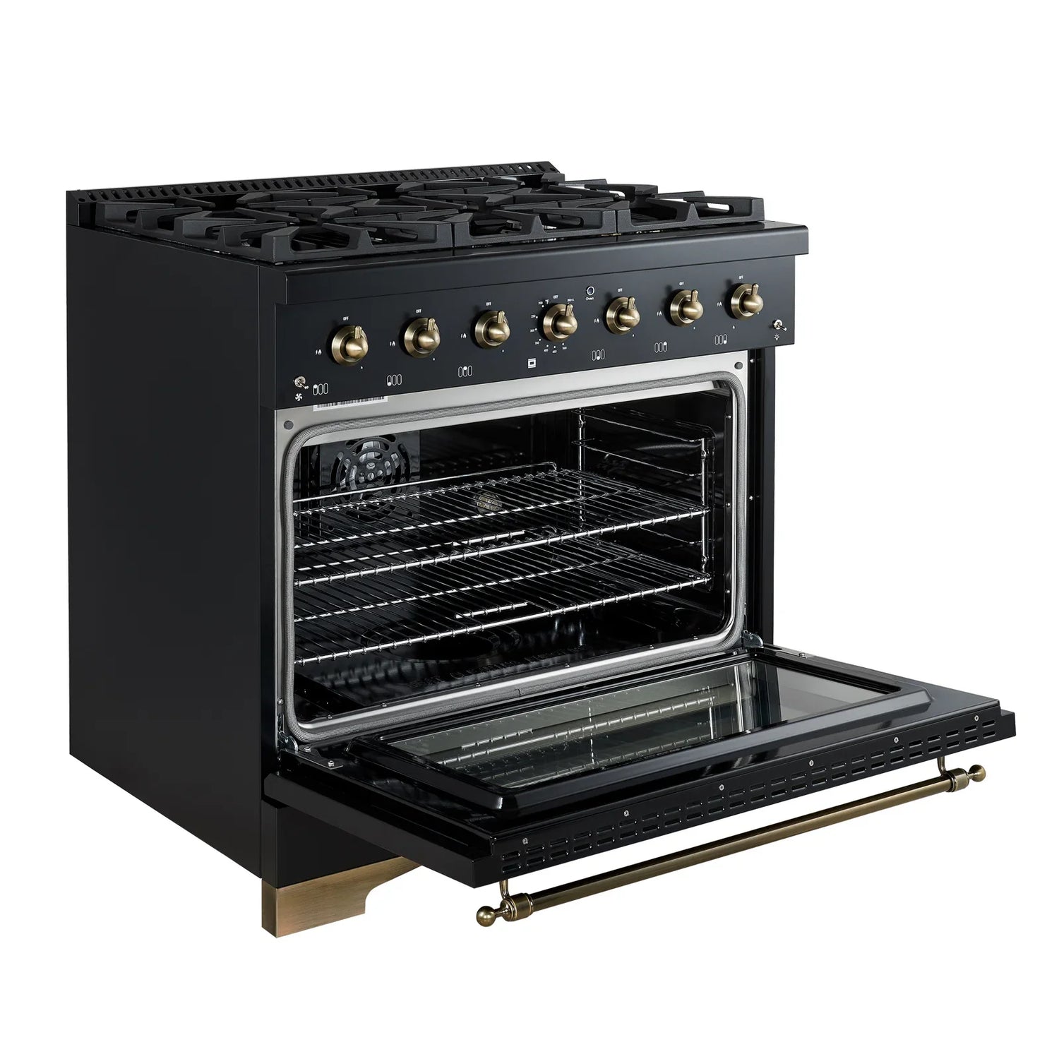 FORNO Antico 36" 4.5 cu. ft. Dual Fuel Range with 6 Sealed Burners in Black with Antique Brass Accents, FFSGS6113-36BLK