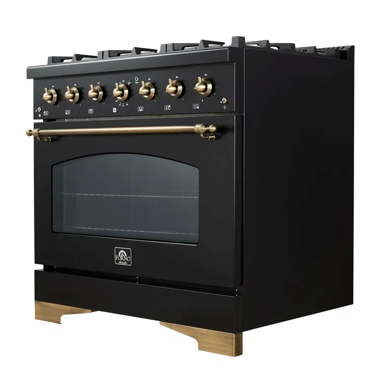 FORNO Antico 36" 4.5 cu. ft. Dual Fuel Range with 6 Sealed Burners in Black with Antique Brass Accents, FFSGS6113-36BLK