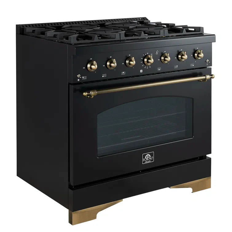 FORNO Antico 36" 4.5 cu. ft. Dual Fuel Range with 6 Sealed Burners in Black with Antique Brass Accents, FFSGS6113-36BLK