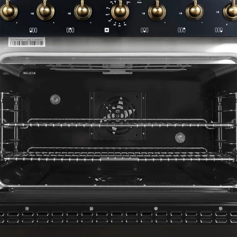FORNO Antico 36" 4.5 cu. ft. Gas Range with 6 Sealed Burners in Black with Antique Brass Accents, FFSGS6219-36BLK