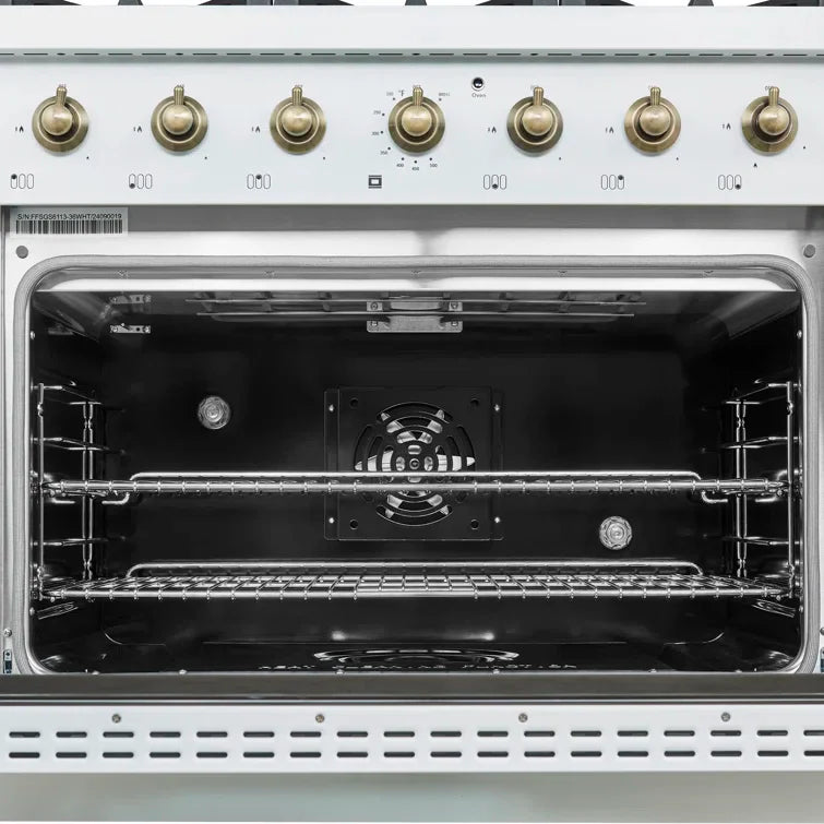 FORNO Antico 36" 4.5 cu. ft. Dual Fuel Range with 6 Sealed Burners in White with Antique Brass Accents, FFSGS6113-36WHT