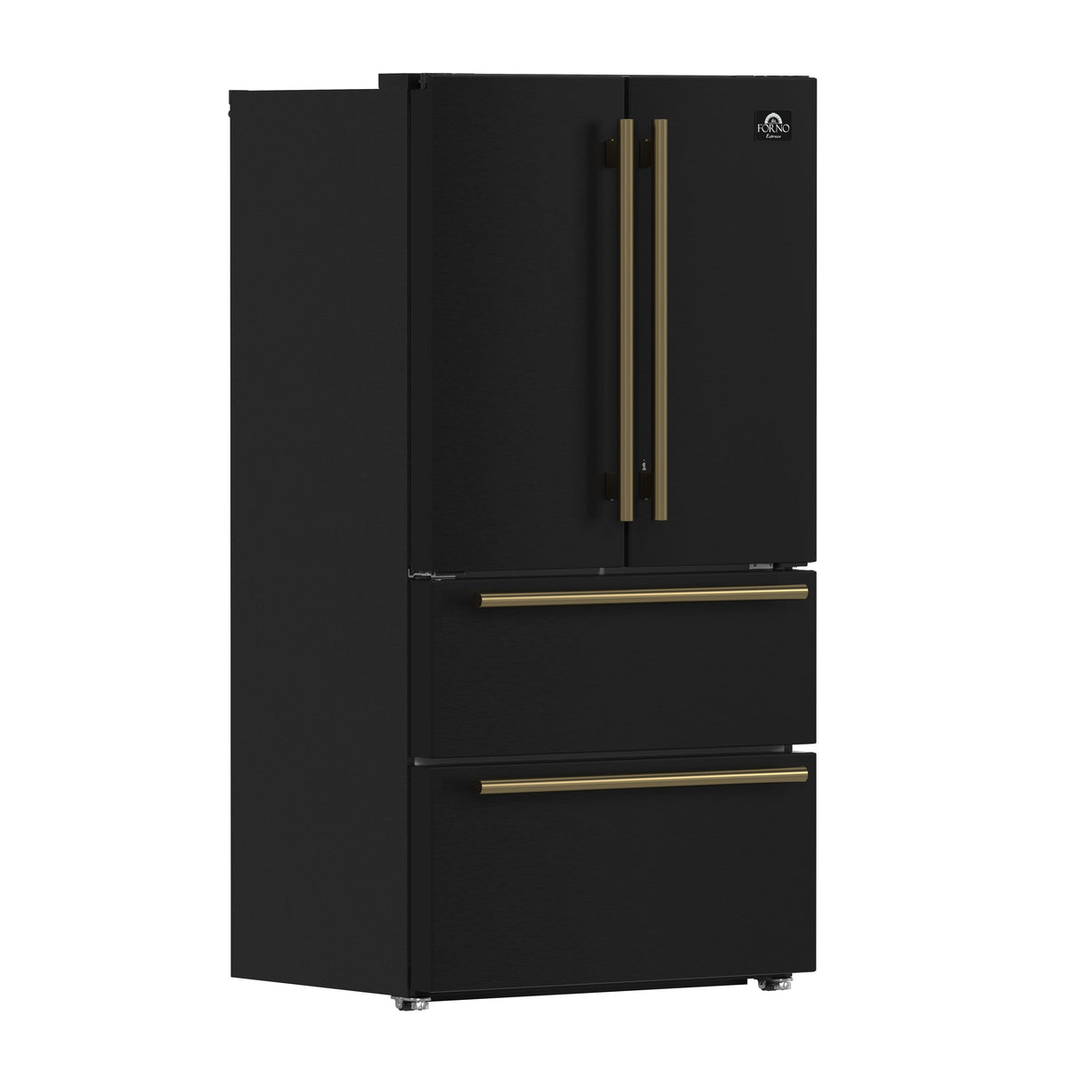 FORNO Espresso Moena 36" 19.2 cu. ft. Refrigerator with Ice Maker in Black with Antique Brass Handles, FFRBI1820-36BLK
