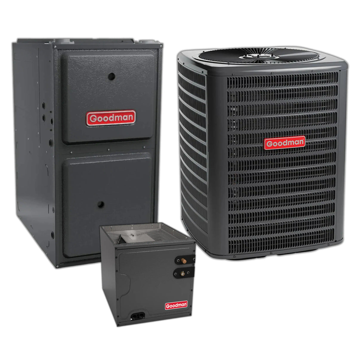 Goodman 2.5 Ton 14.3 SEER2 Heat Pump, 96% AFUE 80K BTU Gas Furnace and Evaporator Coil
