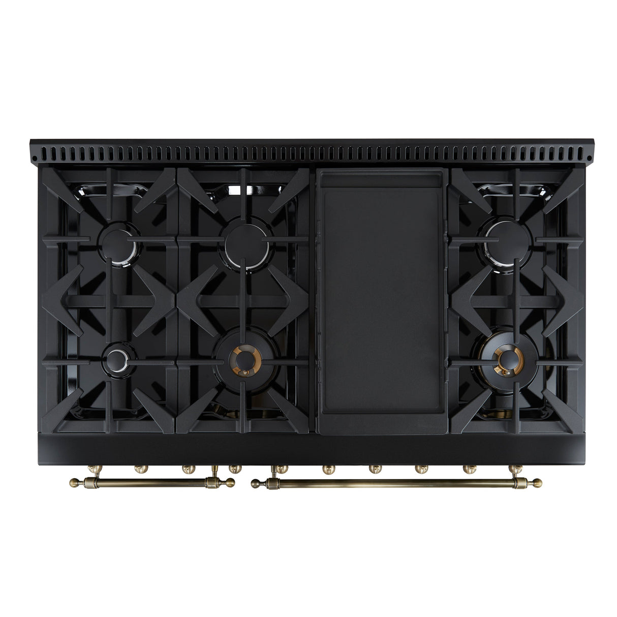 FORNO Antico 48" 5.5 cu. ft. Gas Range with 8 Sealed Burners and Griddle in Black with Antique Brass Accents, FFSGS6219-48BLK