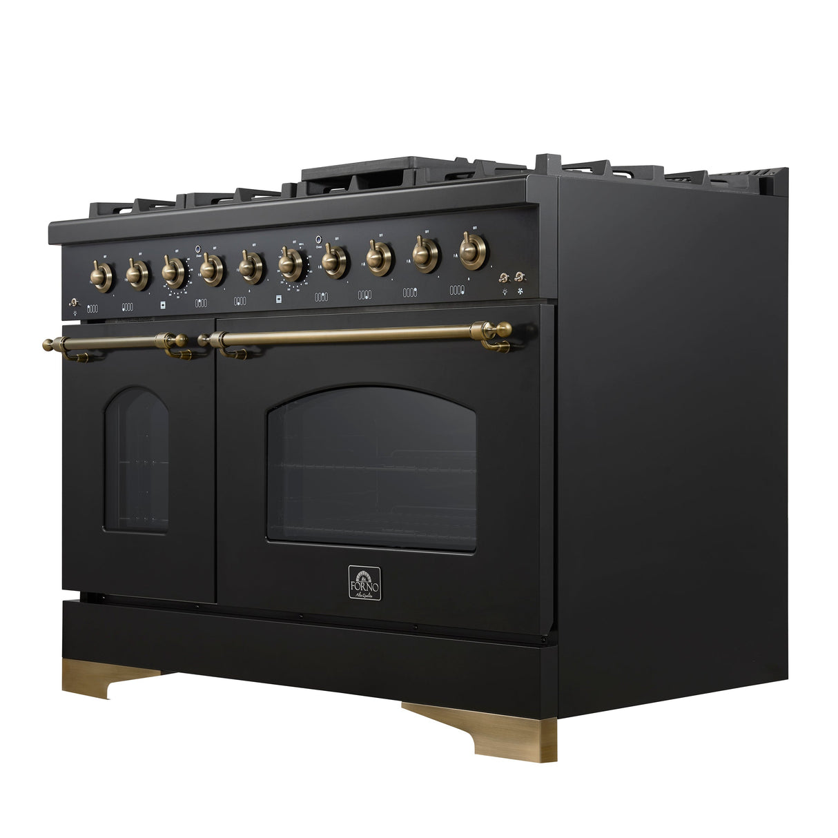 FORNO Antico 48" 5.5 cu. ft. Gas Range with 8 Sealed Burners and Griddle in Black with Antique Brass Accents, FFSGS6219-48BLK