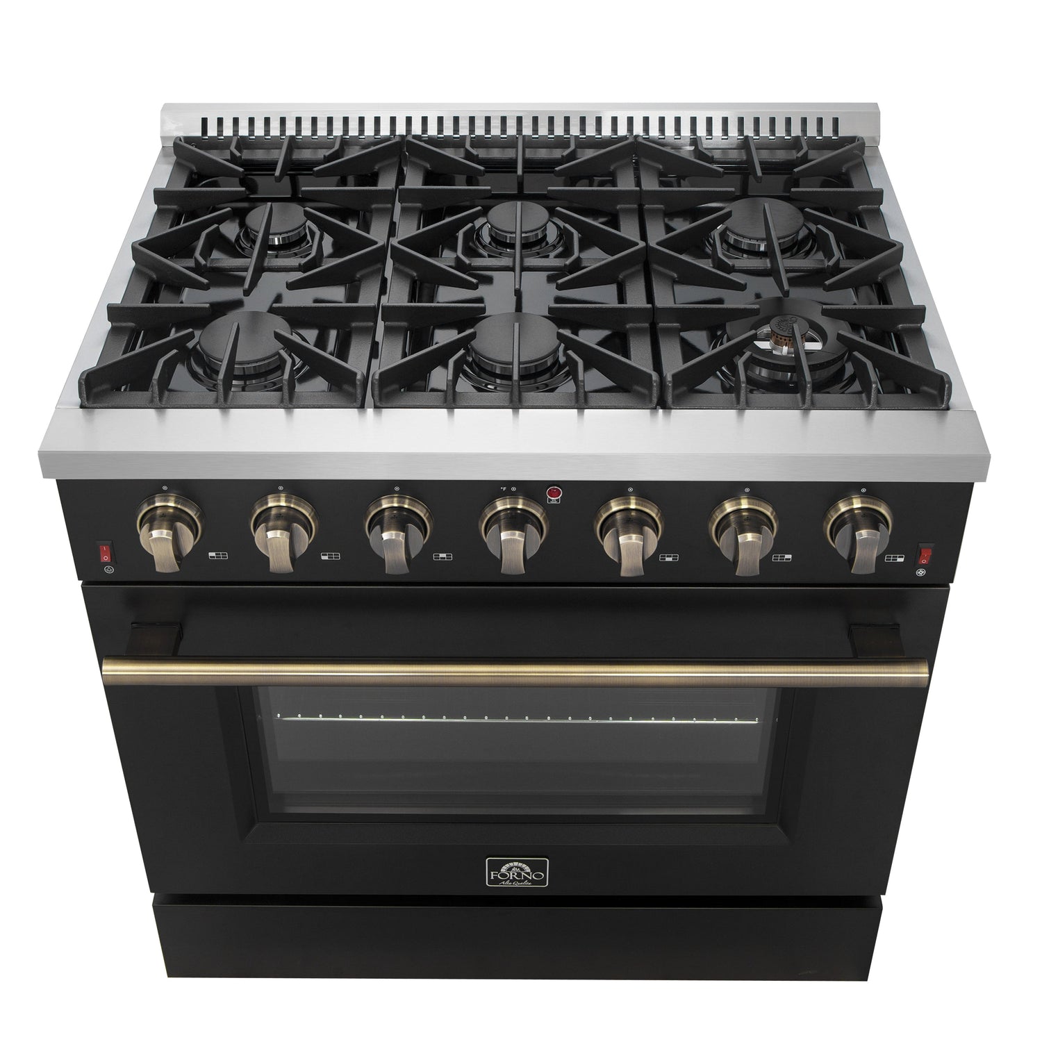 FORNO Galiano 36" 5.36 cu. ft. Gas Range with 6 Sealed Burners in Black with Antique Brass Accents, FFSGS6244-36BLK