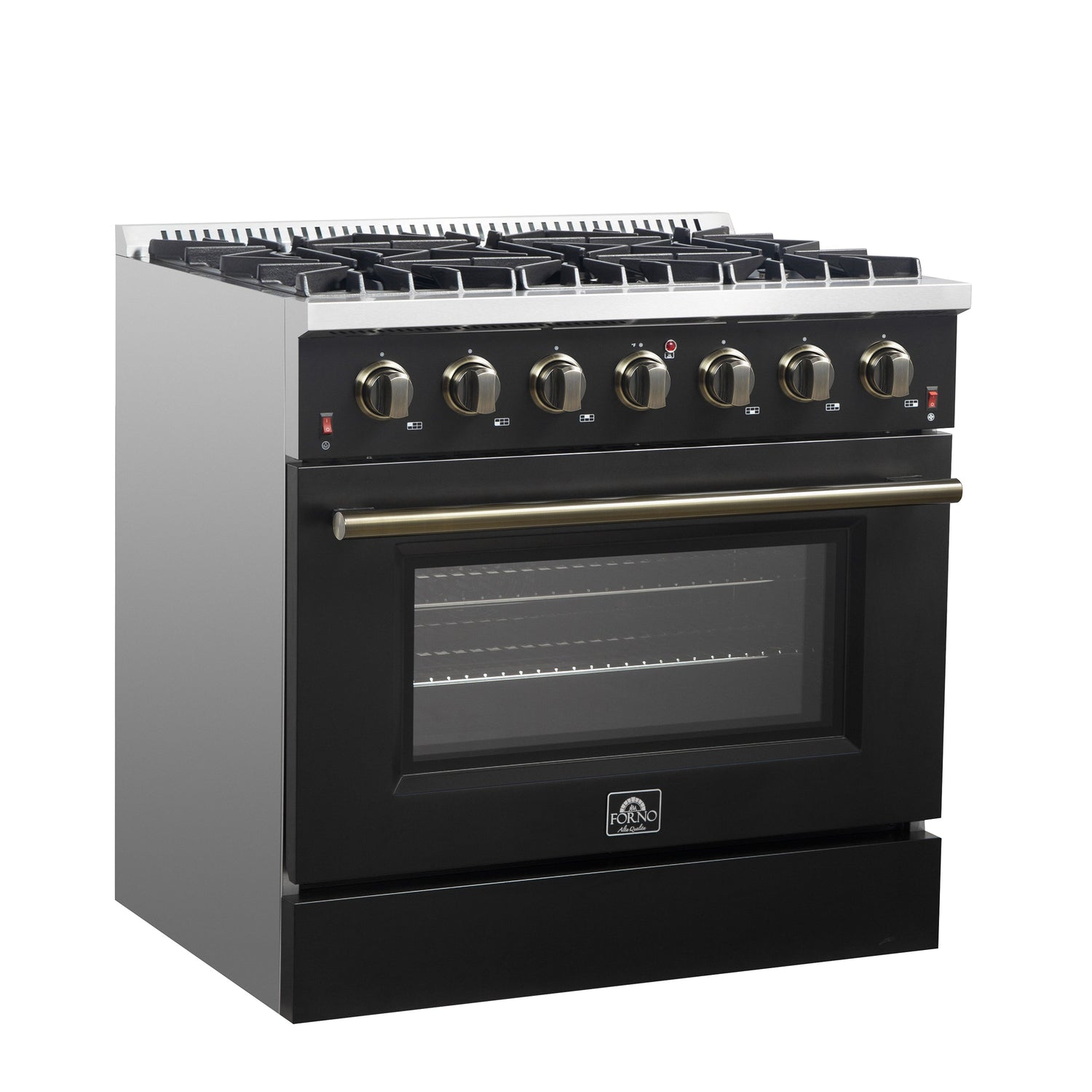 FORNO Galiano 36" 5.36 cu. ft. Gas Range with 6 Sealed Burners in Black with Antique Brass Accents, FFSGS6244-36BLK