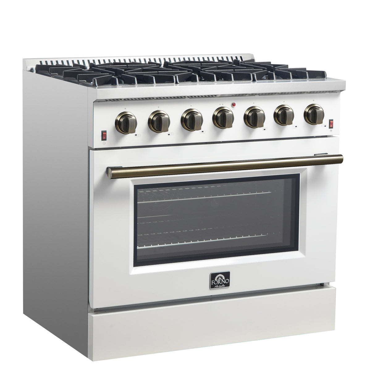 FORNO Galiano 36" 5.36 cu. ft. Gas Range with 6 Sealed Burners in White with Antique Brass Accents, FFSGS6244-36WHT