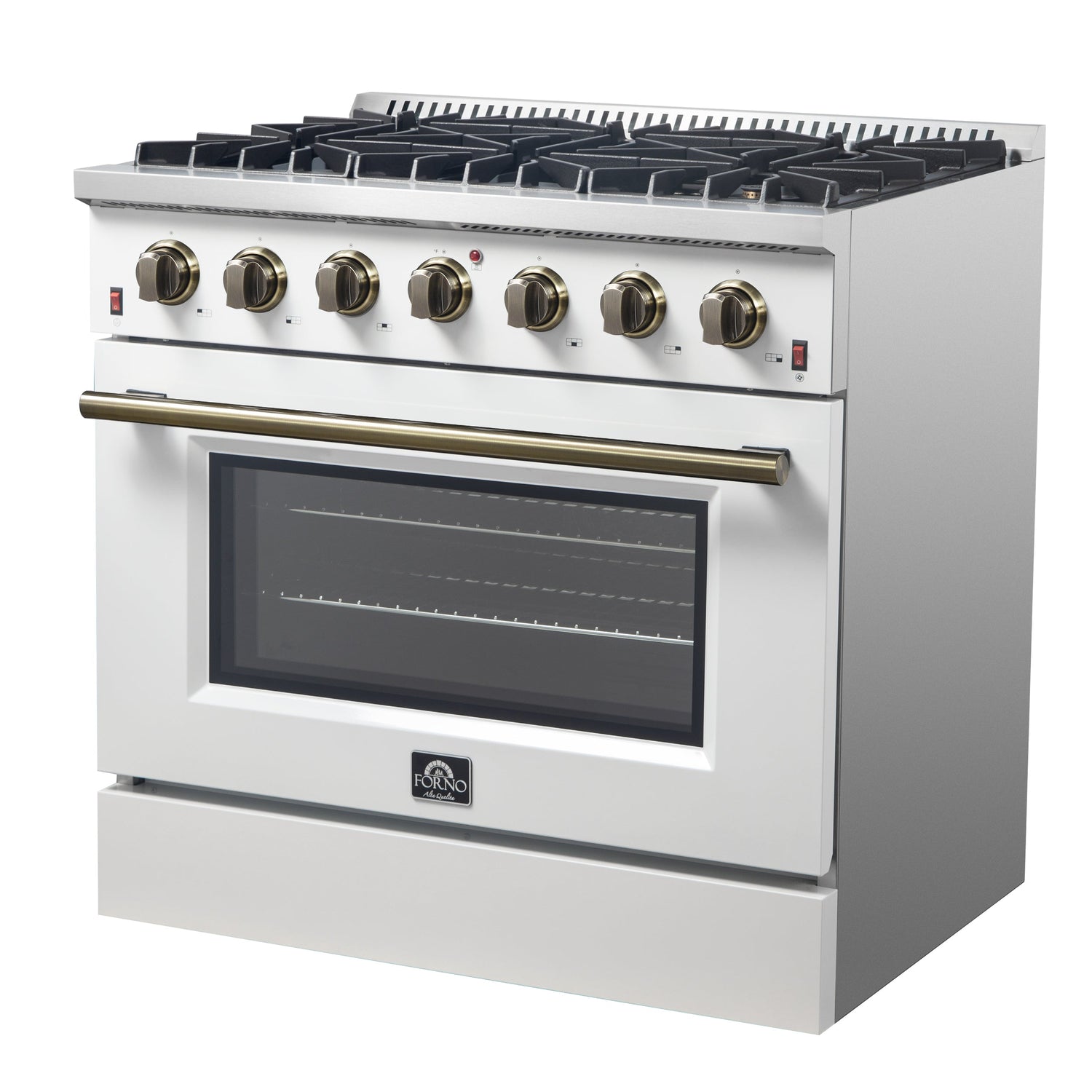 FORNO Galiano 36" 5.36 cu. ft. Gas Range with 6 Sealed Burners in White with Antique Brass Accents, FFSGS6244-36WHT