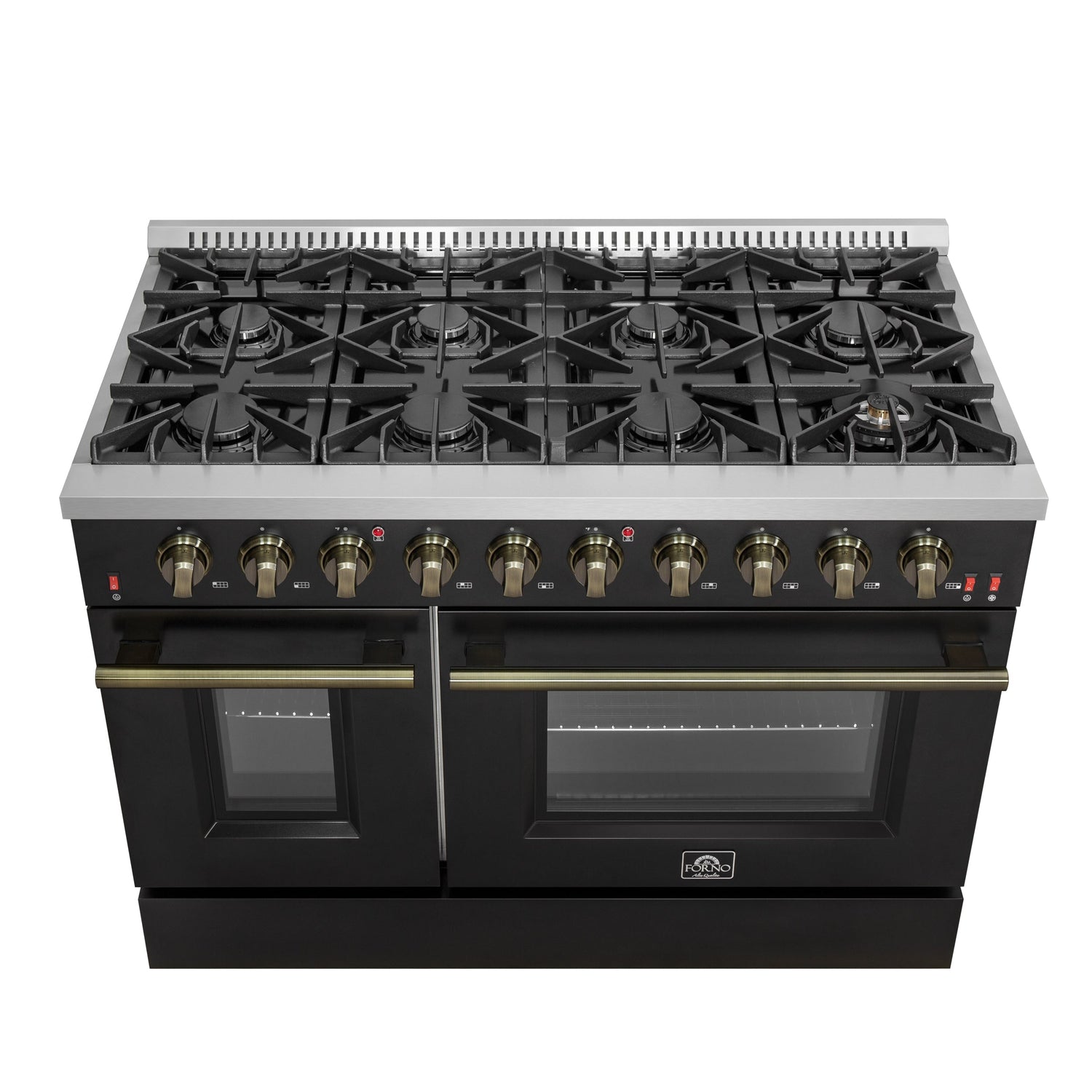 FORNO Galiano 48" 6.58 cu. ft. Gas Range with 8 Sealed Burners and Griddle in Black with Antique Brass Accents, FFSGS6244-48BLK