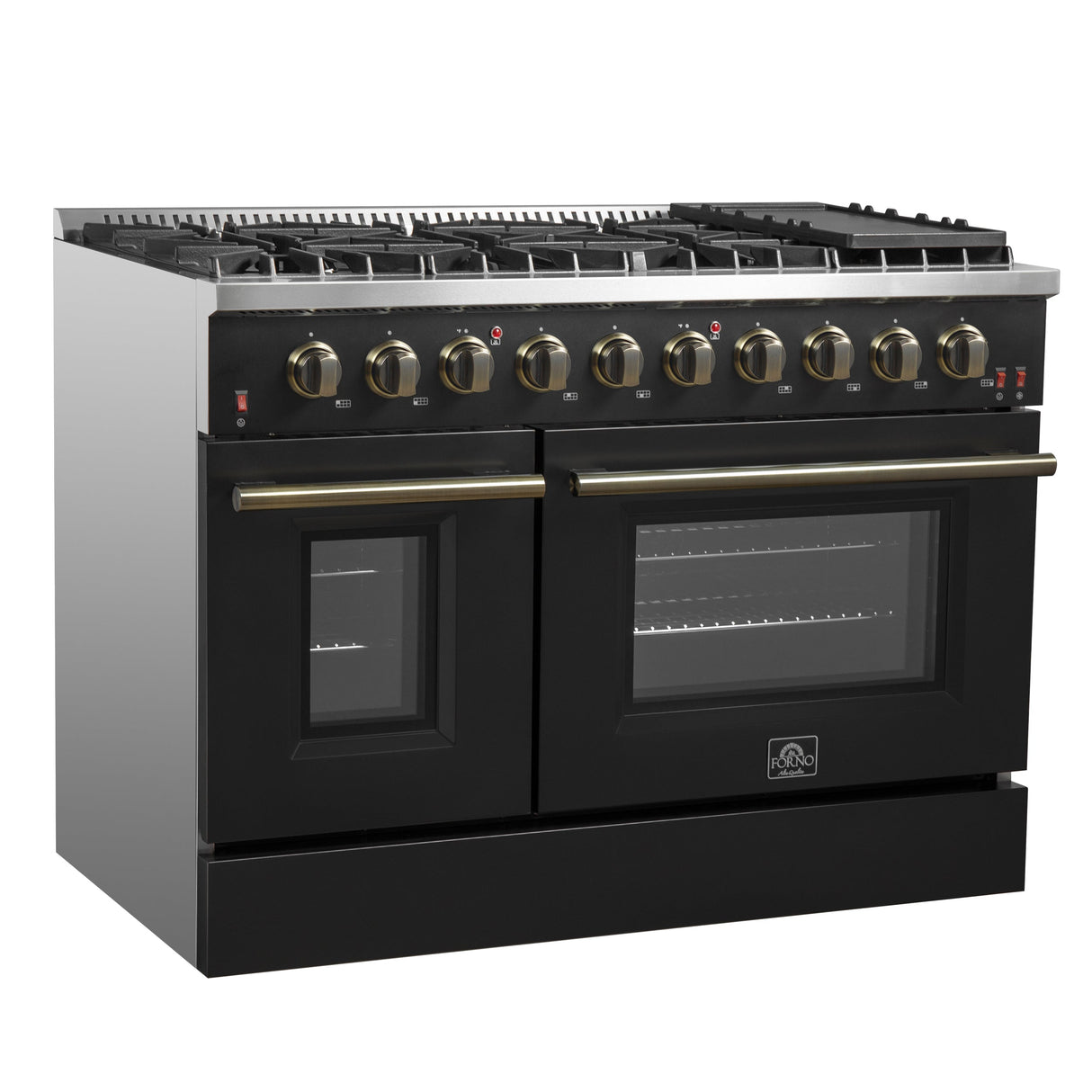 FORNO Galiano 48" 6.58 cu. ft. Gas Range with 8 Sealed Burners and Griddle in Black with Antique Brass Accents, FFSGS6244-48BLK