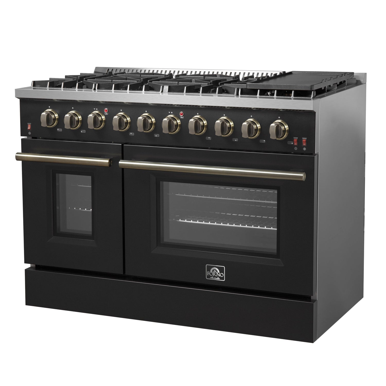 FORNO Galiano 48" 6.58 cu. ft. Gas Range with 8 Sealed Burners and Griddle in Black with Antique Brass Accents, FFSGS6244-48BLK