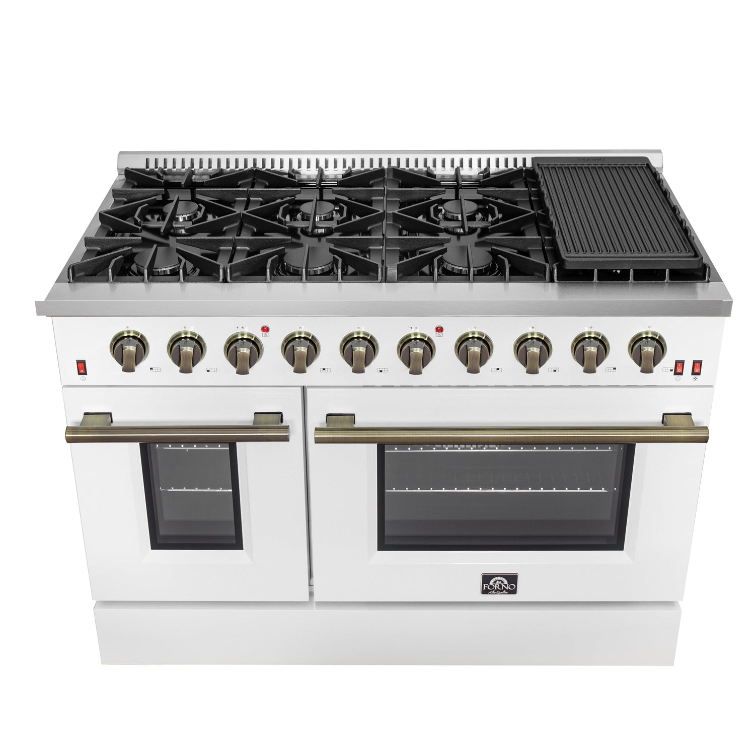 FORNO Galiano 48" 6.58 cu. ft. Gas Range with 8 Sealed Burners and Griddle in White with Antique Brass Accents, FFSGS6244-48WHT