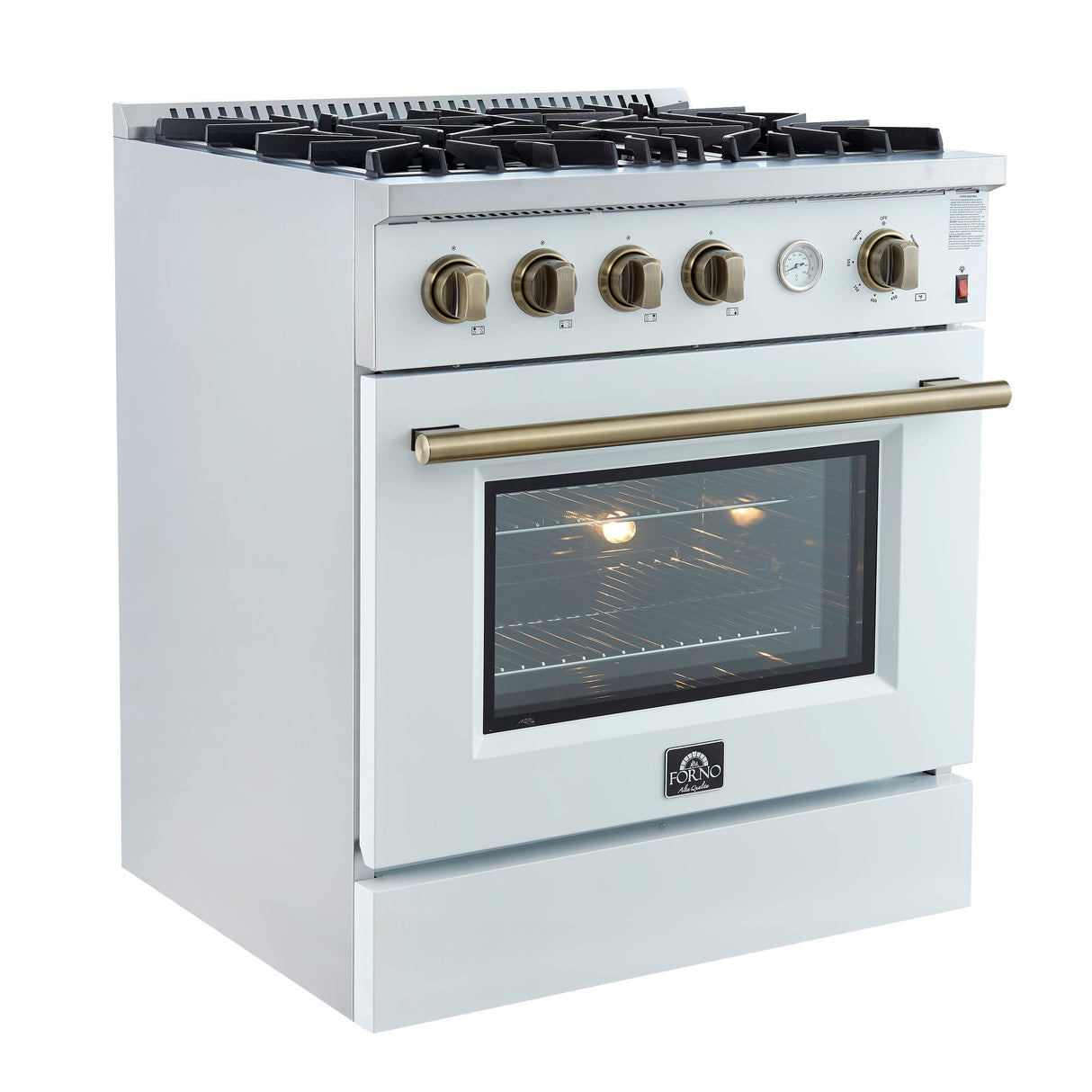 FORNO Marco 30" 4.32 cu.ft. Gas Range with 4 Burners and Temperature Gauge in White with Antique Brass Accents, FFSGS6277-30WHT