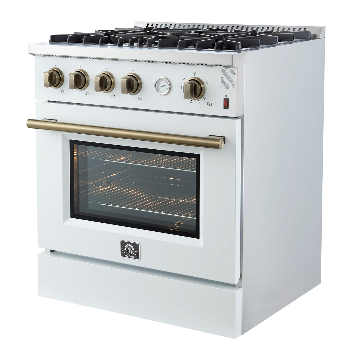 FORNO Marco 30" 4.32 cu.ft. Gas Range with 4 Burners and Temperature Gauge in White with Antique Brass Accents, FFSGS6277-30WHT
